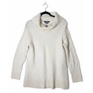 Per Se 100% Merino Wool Cowl Neck Cable Knit Sweater Cream Ivory Women's XL